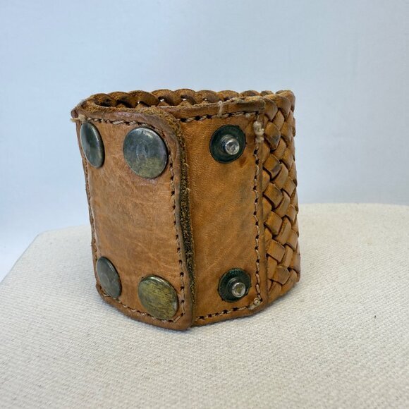 Motif Brand Wide Braided Leather Bracelet Snap Closure Natural Boho - Picture 2 of 14